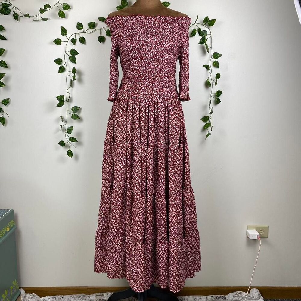 M Orange Creek red floral maxi flair dress tiered skirt off the shoulder cottage